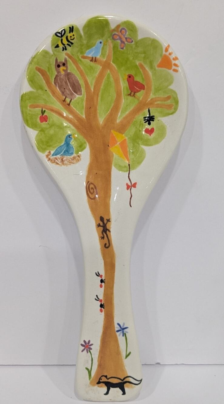 Vintage BEV Italy Hand Painted Ceramic Spoon Rest Whimsical Tree of Life Bird...